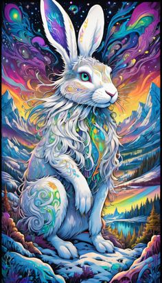 a painting of a white rabbit sitting on top of a snow covered ground with mountains in the background