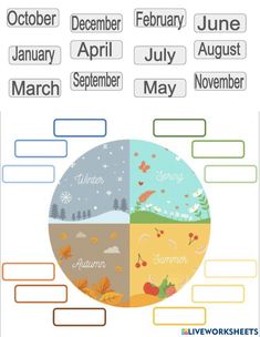 an image of the months in english and spanish with pictures on each side, as well as other words