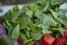 spinach and red onions on a white plate with water droplets over them, ready to be cut into wedges