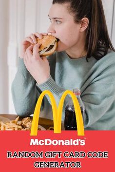 a woman eating a sandwich in front of a mcdonald's sign with the caption random gift card code generator