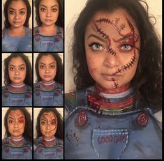 a collage of photos showing the different facial expressions of a woman with stitches on her face