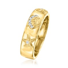 Ross-Simons - Diamond-Accented Sea Life Ring in 18kt Gold Over Sterling. Size 8. Take stacking into your own hands with a high-spirited ring that speaks to your unique personality! This beachy band is studded with a seashell and starfish glittering with diamond accents. Crafted in 18kt yellow gold over sterling silver. 1/4" wide. Diamond-accented sea life ring. Diamond birthstones are the perfect gift for April birthdays. Ocean Theme Jewelry, Dolphin Jewelry, Life Ring, Preppy Jewelry, Sea Jewelry, Diamond Birthstone, Shell Ring, Jewelry Accessories Ideas, Handmade Wire Jewelry