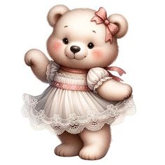 a cute little teddy bear dressed in a white dress