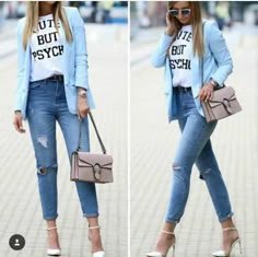 light blue blazer-Neutral and classy outfits for women – Just Trendy Girls Blazer Outfits For Women Classy, Work Suits For Women, Elegante Outfits, Blue Jean Outfits