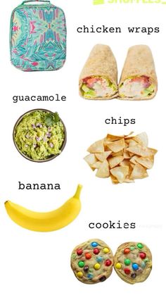 an image of food that includes chips, chicken wraps and guacamole snacks