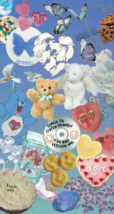 a collage of teddy bears, hearts, cookies and other items in the sky