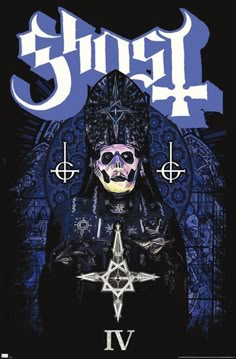 a poster with a skull on it that says ghost iv, in front of a blue background