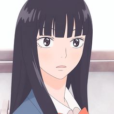 an anime character with long black hair and brown eyes