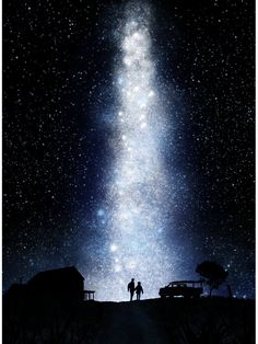 two people are standing under the stars in the sky