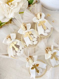 some white and gold decorations on a table