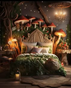 a bed with mushrooms on the wall and lights in the room above it, along with other decorations