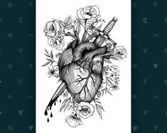 a black and white drawing of a heart with flowers