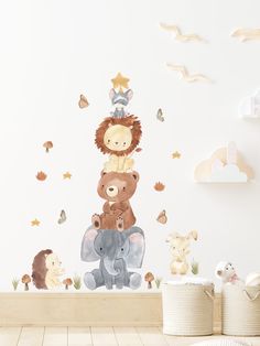 there are many stuffed animals on top of each other in this nursery wall decal