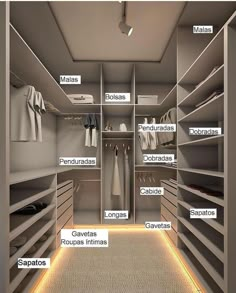 a walk in closet with lots of shelves and drawers