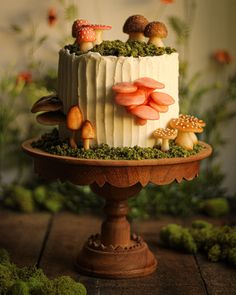 a cake with mushrooms on it sitting on top of a wooden table next to plants