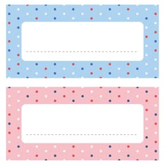 two blank labels with polka dots in pink, blue and red colors on them are placed next to each other