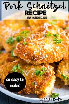 some fried food on a white plate with the words pork schnitzel recipe