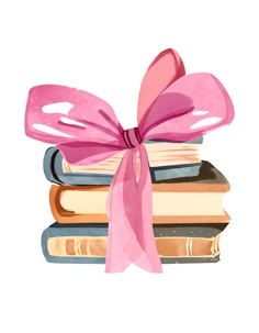 a stack of books with a pink bow on top