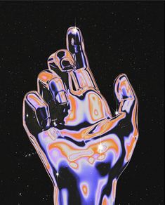 a hand with an orange and blue design on it is in the middle of a black background