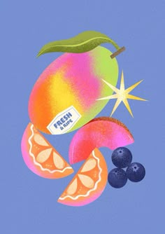 an illustration of fruit with the word fresh on it and blueberries, oranges, and lemons