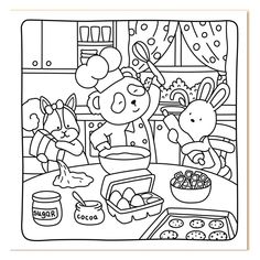 a black and white coloring book page with an image of children cooking in the kitchen