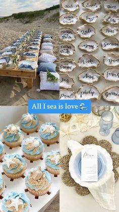 a collage of pictures with cupcakes, plates and napkins on the beach