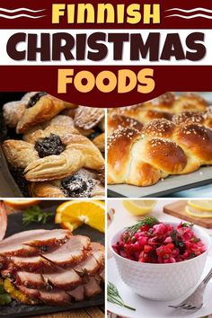 christmas food is shown in this collage with the words finnish christmas foods on it