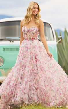 Sherri Hill 55623 Ivory Print Movie Core, Prom Dress Trends, Ruffled Gown, Prom 2023, Sherri Hill Prom, Sherri Hill Prom Dresses, Floral Corset, Prom Dress Stores, Corset Bodice