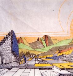 a drawing of a city with mountains in the background