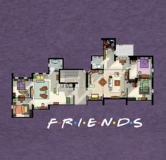 a purple shirt with the words friends written on it in front of a floor plan