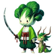 Dive into the vibrant world of feudal Japan with our “Bok Choy Duelist with Mysterious Nue” artwork. This gouache painting style art features a Bok Choy character in a vibrant green and white kimono, wielding a unique pair of Sai with tips as sharp as a bok choy’s leaf. Behind the character, a large and mysterious Nue symbolizes the unknown. Perfect for lovers of Japanese culture, vegetable characters, and unique art pieces. Experience the vibrant charm and history with this captivating artwork. Food Character Design, Game Doodle, Food Character, Ninja Cats, Smol Bean, White Kimono