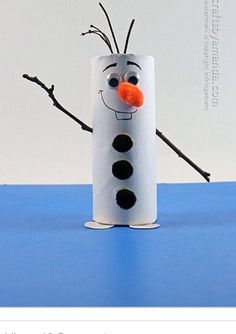 a toilet paper roll with a frozen snowman face on it and some twigs sticking out of it