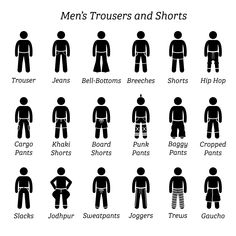 Men trousers, pant and shorts. Stick figures depict a set of different types of trousers, pants, and shorts. This fashion clothings design are wear by men or male. flare; cargo; modern; old fashioned; harem; hipster; casual; track pants; long; tight; loose; saggy; gaucho; trews; joggers; sweatpants; jodhpurs; slacks; cropped; baggy; punk; board; shorts; khaki; pants; hip hop; breeches; bell bottoms; jeans; trouser; apparel; clothes; clothing; collection; designs; fashion; guy; icons; male; man; Baggy Slacks, Types Of Trousers, Celana Kargo, Male Trousers, Types Of Shorts, Pants Outfit Men, Clothing Design Sketches, Outfits Hombre, Fashion Vocabulary