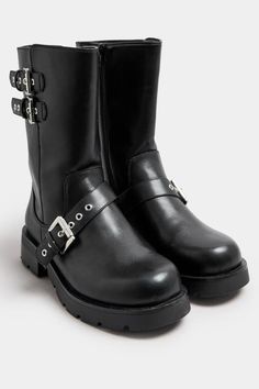 Shop Black Faux Leather Biker Calf Boots In Extra Wide EEE Fit at Yours Clothing. Discover wide fit shoes in E and EEE fit. Gladiator Heels, Party Heels, Wide Fit Shoes, Chunky Block Heels, Clear Heels, Lace Up Heels, Peep Toe Heels, Calf Boots, Court Shoes