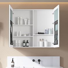 an open medicine cabinet above a sink in a room with beige walls and flooring