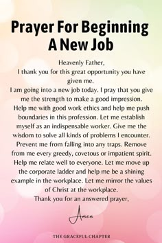 a prayer card with the words prayer for beginning a new job