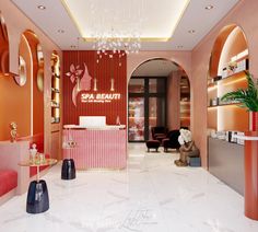 the interior of a nail salon with pink and orange walls, chandeliers and chairs