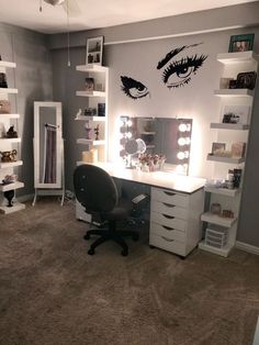 a room with a desk, chair and shelves filled with makeup products on it's walls