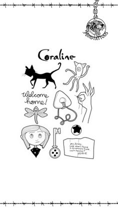 a black and white drawing of some items on a sheet with the words coraline