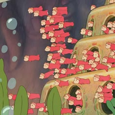 an animated scene with many people in red clothing