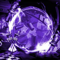 an animated image of a clock surrounded by purple and black tiles, with flames coming out of it