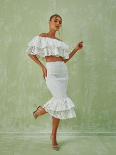 Wisteria Ruffle Off Shoulder Hollow Set In White Halloween Crop Top, Halloween Skirt, Skirt Ruffle, Blouse Skirt, M 4, Embroidery Dress, Halloween Dress, Off Shoulder Tops, Cardigan Tops