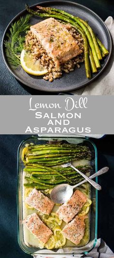 salmon and asparagus with lemon dill sauce in a casserole dish