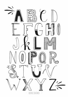 the alphabet is drawn in black and white, with letters that appear to be made out of