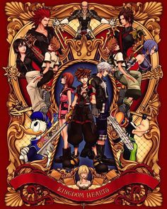 kingdom hearts poster with all the characters and their names in red, gold, and black