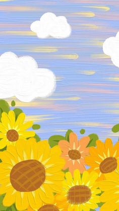 a painting of sunflowers with clouds in the background