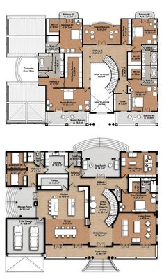 two floor plans for an apartment with spiral staircases and open living areas in the middle