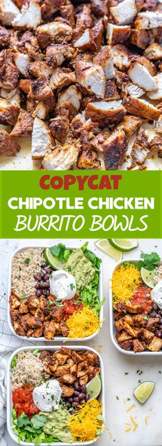 chicken burrito bowls with text overlay that reads chipotie chicken burrito bowls