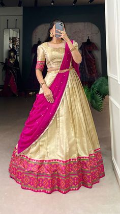 Look amazing adorning off white color jacquard silk lehenga choli with beautiful weaving work with ikkat kanjivaram.
Kanchipuram zari weaving work lehenga cholis are often worn for special occasions such as weddings, festivals, and grand celebrations.