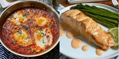 an egg and asparagus on a plate next to a pan of food